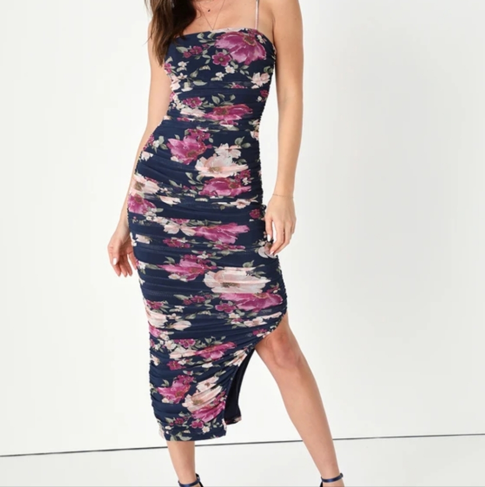 NWT Stun and Only Navy Blue Floral Ruched Mesh Bodycon Midi Dress